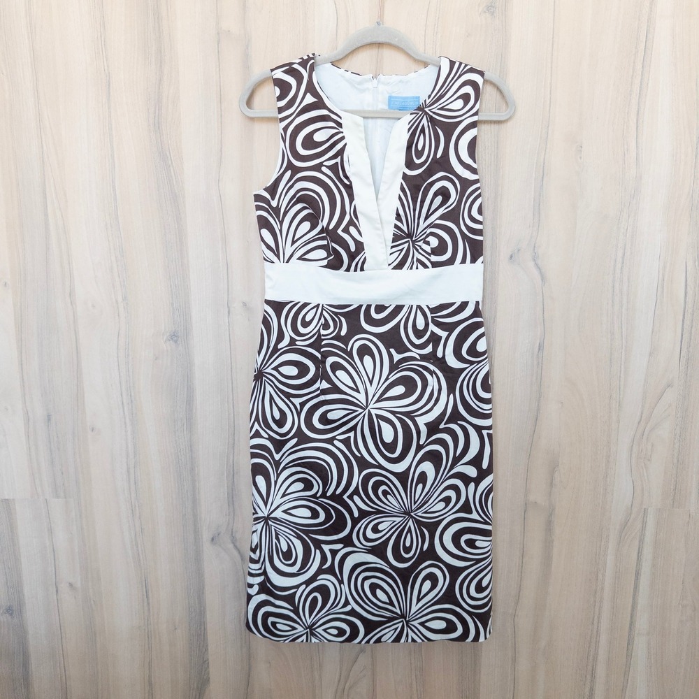 J. McLaughlin Sheath Dress Size 6 Brown White Abstract Floral Swirl Retro Mod